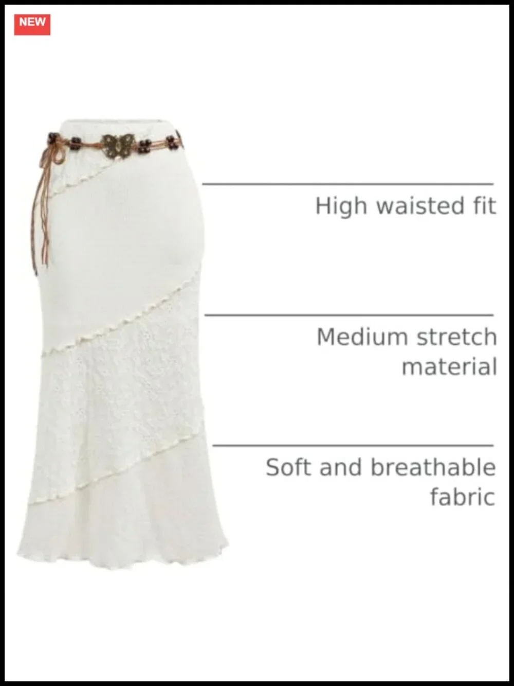 Y2K Boho Crochet Knitted Lettuce Trim Bodycon Midi Skirt with Belt